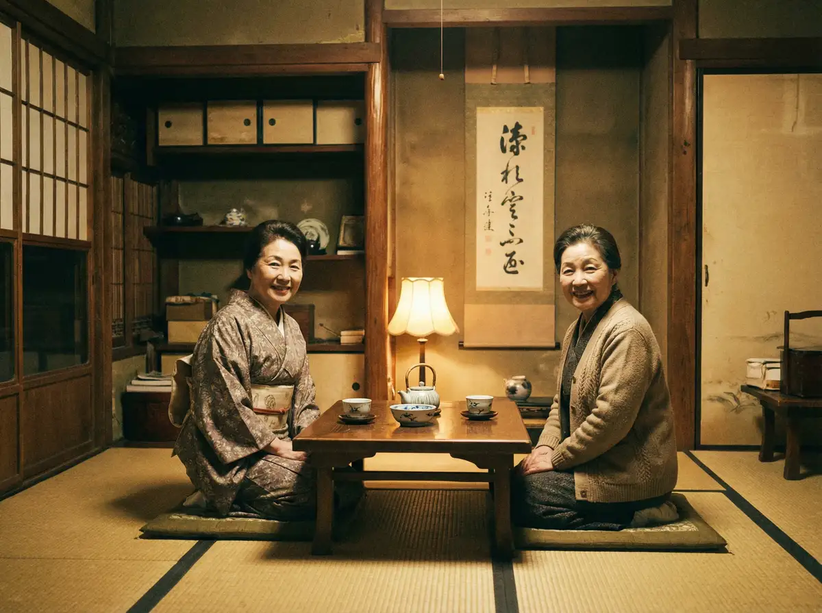 两位优雅的 喷水 在日式茶室中品茶交谈